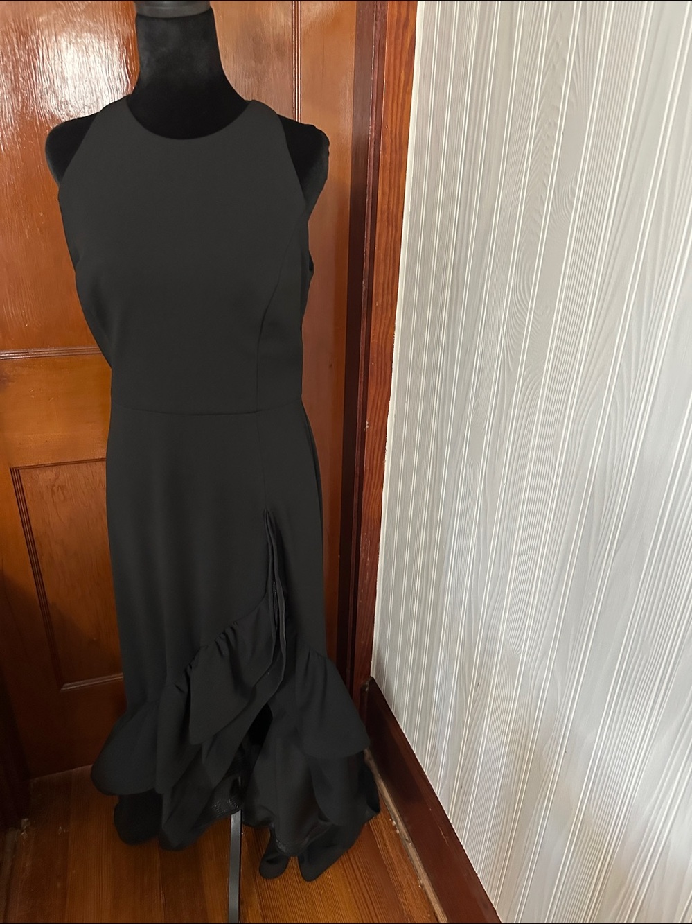 Betsy & Adam Black Halter Maxi Dress with Dramatic Ruffle Hem